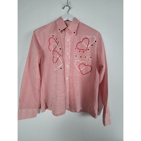 Vintage MiLi Lovecore 90s Button Up Shirt Valentines Heart Red Striped Top Small - Picture 1 of 10
